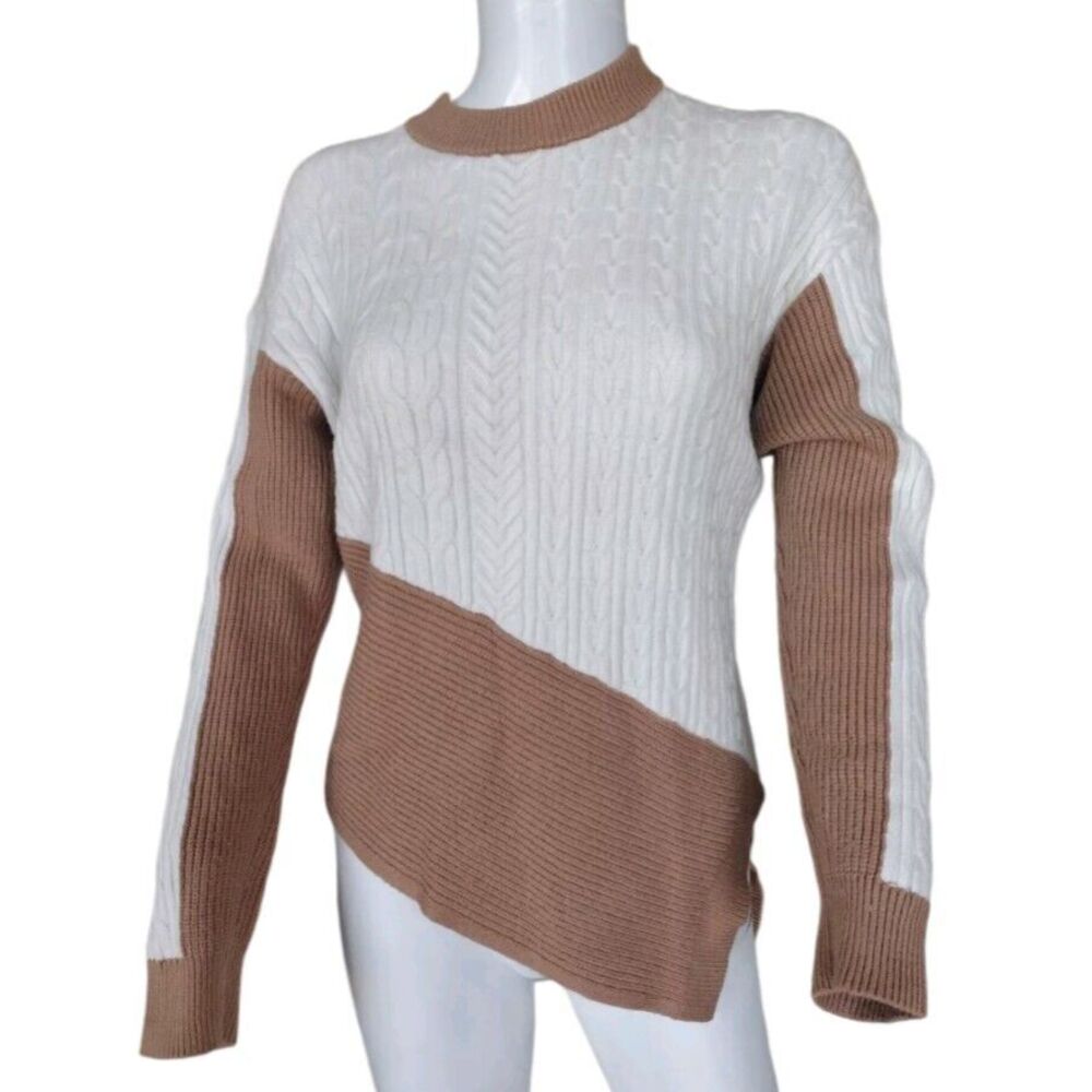 Express‎ Sweater Woman M Beige Tan Knit Fall Asymmetrical Long Sleeve Colorblock